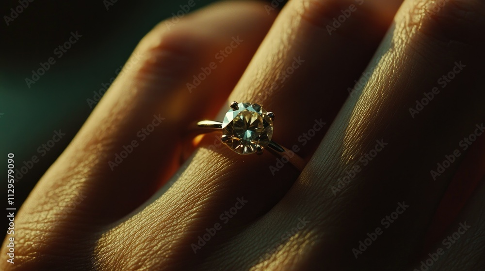 Fototapeta premium A detailed close-up of an elegant diamond engagement ring on a woman's finger, glowing against a soft, dark background, symbolizing love and commitment.