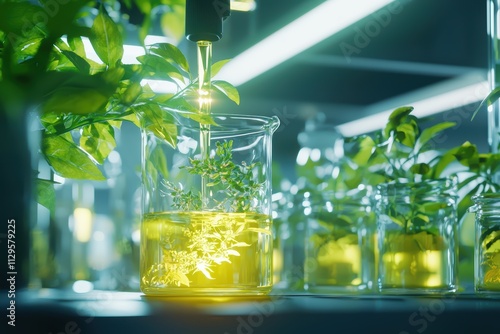 A laboratory setting with glass beakers containing luminous yellow liquid and vibrant green plants, indicating experimentation or research in botany or chemistry. photo