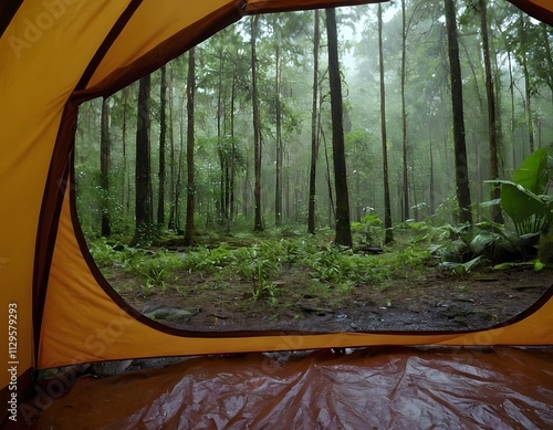 inside view camping tent  in the green dark forest in winter smog and rain in the forest, Peaceful forest camping: scenic tent  setup in serene woodland
 photo