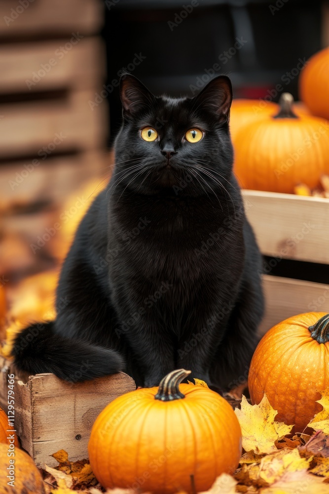 Black cat sitting amidst autumn pumpkins and leaves. (1) Black cat sitting amidst autumn pumpkins and leaves. (1)