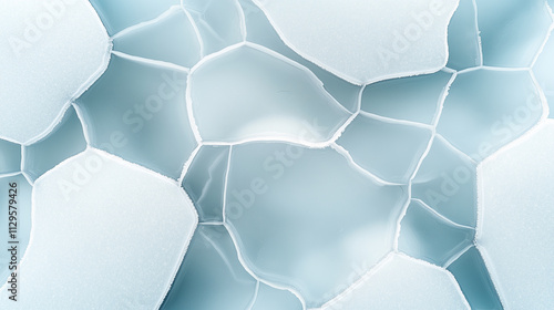 A high-resolution top-down view of intricate cracked ice featuring frosted edges and smooth translucent surfaces, showcasing geometric patterns and a minimalist winter design with captivating details. photo