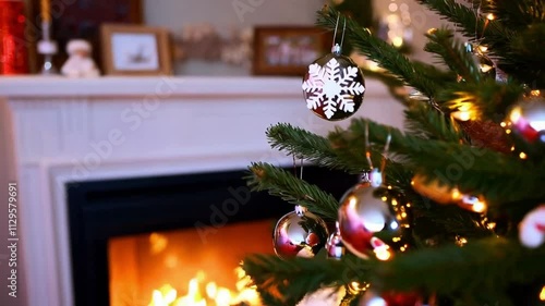 Close-Up of Shiny Christmas Tree Baubles with Reflections of Fireplace, Snowflakes, Candy Canes, and Toy Decorations