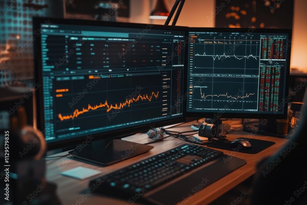 Two computer monitors displaying stock market data graphs and charts on a desk with keyboard and mouse. Two computer monitors displaying stock market data graphs and charts on a desk with keyboard and mouse.