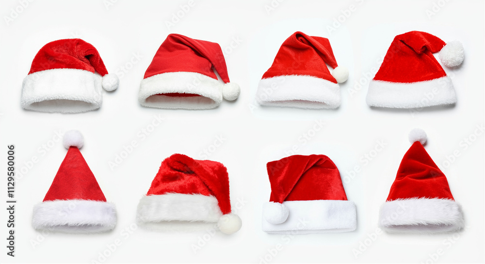 Santa hats collection with holiday decorations and festive colors for Christmas celebrations Santa hats collection with holiday decorations and festive colors for Christmas celebrations