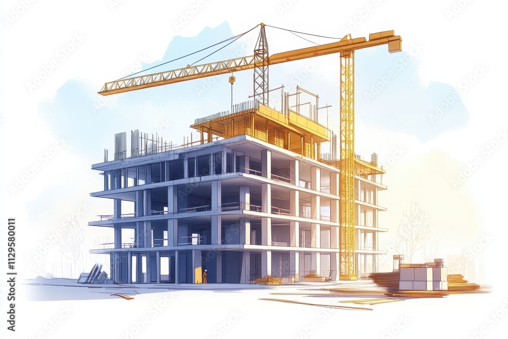 Modern construction site with crane and partially built structure during daytime in urban area Modern construction site with crane and partially built structure during daytime in urban area