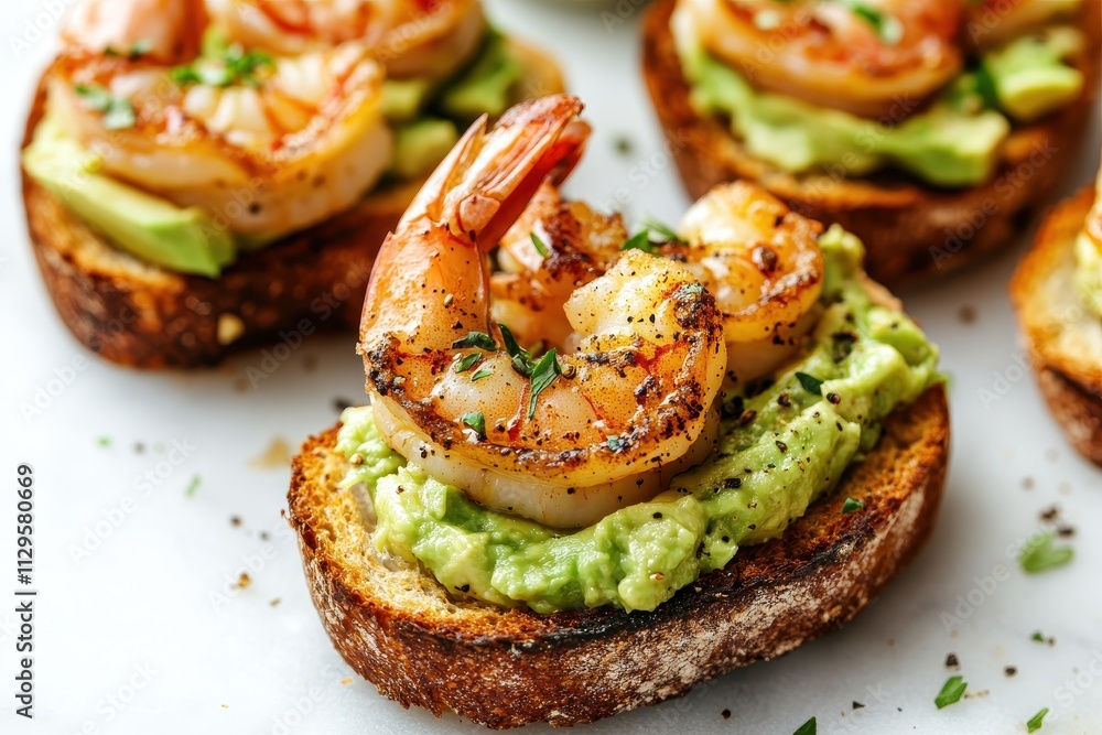 Closeup of a wholesome avocado shrimp bruschetta on whole grain bread featuring fried shrimp and mashed avocado Closeup of a wholesome avocado shrimp bruschetta on whole grain bread featuring fried shrimp and mashed avocado