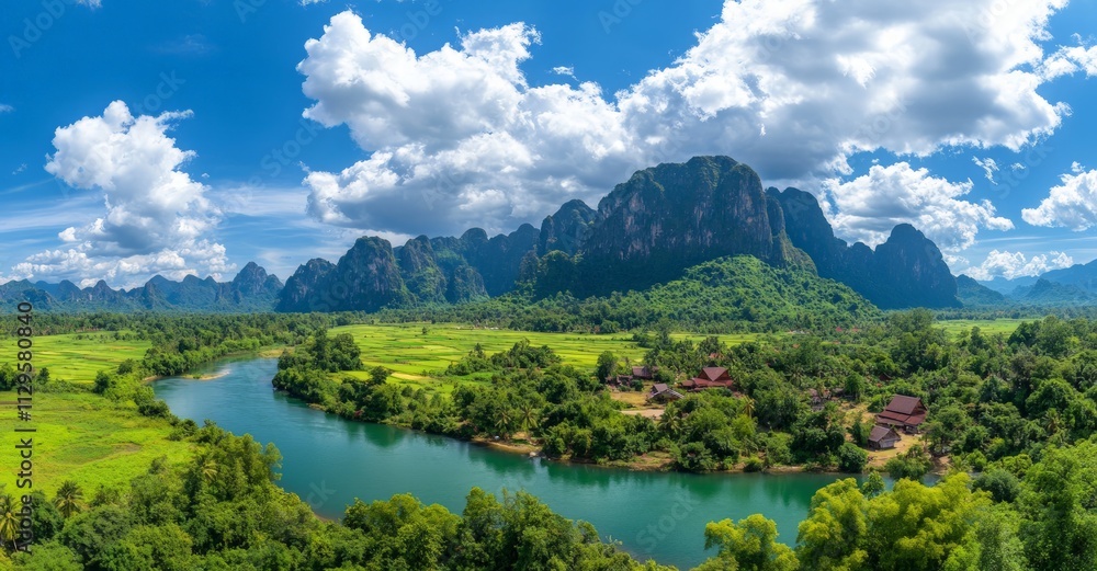 Fototapeta premium Aerial View of Lush Green Mountains with River Under Blue Sky