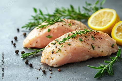 Closeup of savory chicken piccata with herbs on a table photo