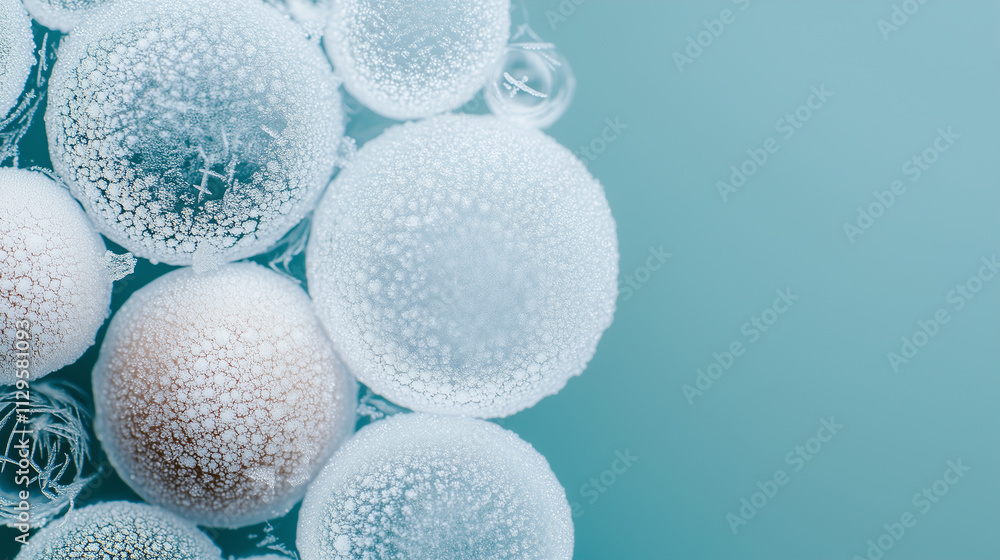 A detailed close-up view of frozen bubbles featuring intricate crystalline textures, set against a vibrant turquoise background, creating a visually captivating and abstract composition. A detailed close-up view of frozen bubbles featuring intricate crystalline textures, set against a vibrant turquoise background, creating a visually captivating and abstract composition.
