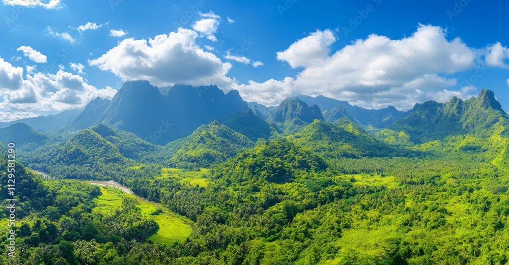 Fototapeta premium Lush Green Mountains Overlooking Tranquil River in Aerial View