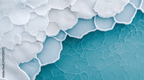 A detailed top-down view of crystalline salt formations with intricate edges transitioning into smooth turquoise textures, creating a sharp and visually captivating abstract composition. photo