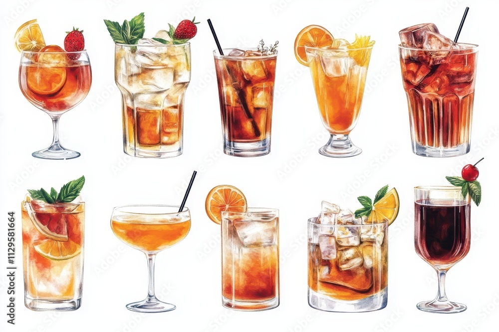 Collection of flat vector images of classic cocktails in various glasses for summer drink menus Editable on a white background Collection of flat vector images of classic cocktails in various glasses for summer drink menus Editable on a white background