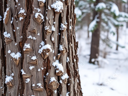 Snow-covered old wood texture background with a firtree branch, holiday, wooden photo