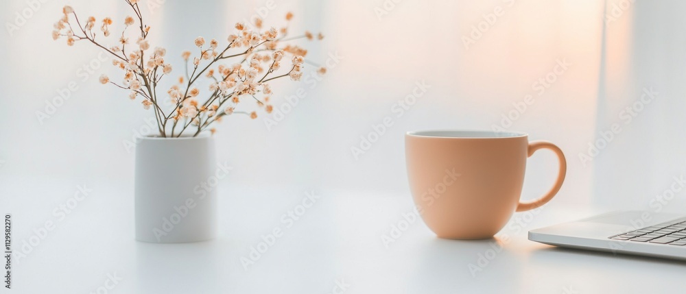 White desk with a laptop and a vase of small white flowers on it. the vase is on the left side of the desk and the laptop is next to it. on the right side, there is a peach-colored mug with a handle. White desk with a laptop and a vase of small white flowers on it. the vase is on the left side of the desk and the laptop is next to it. on the right side, there is a peach-colored mug with a handle.