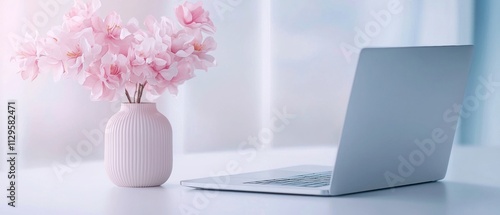 White desk with a laptop on the right side and a vase of pink flowers on the left side. the laptop is open and appears to be a silver color.