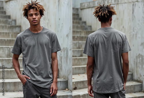 Front and back view male young man Grey t-shirt mockup model outdoor photo shot in front of a concrete wall and staircase.