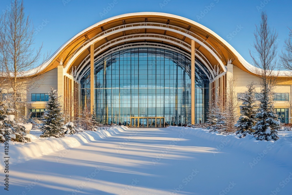 A large hall with a grand curved roof, tall glass windows, and open snowy grounds designed for both indoor and outdoor events A large hall with a grand curved roof, tall glass windows, and open snowy grounds designed for both indoor and outdoor events