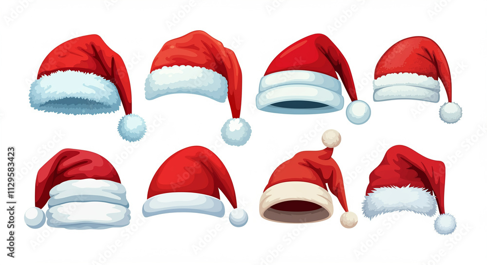 Santa hats collection with holiday accessories in festive style and vibrant colors Santa hats collection with holiday accessories in festive style and vibrant colors