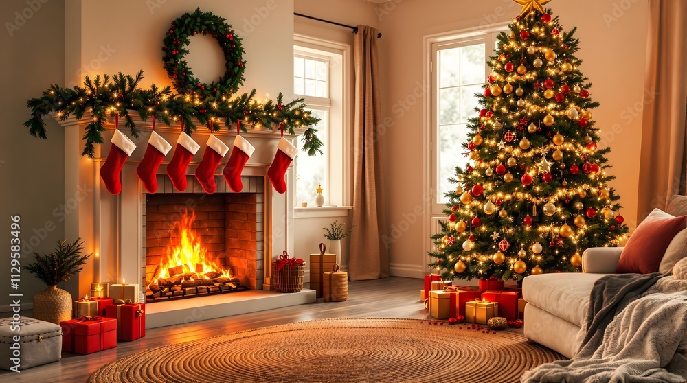 Fototapeta premium Cozy living room with fireplace and decorated Christmas tree