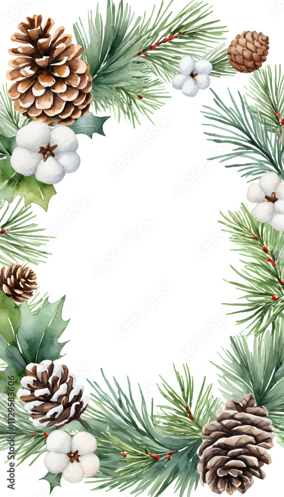 Fototapeta premium Merry Christmas watercolour decor greetings Happy New Year wishes and Xmas elegant Christmas card, with fir branches, pine cone, cotton, leaves, Botanical winter greenery holiday illustration white.