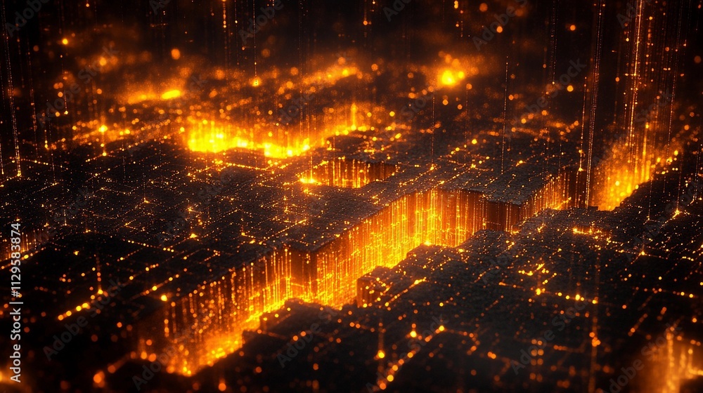 Abstract representation of glowing orange terrain with bright lines and structures in dark space Abstract representation of glowing orange terrain with bright lines and structures in dark space