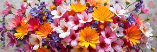 Vibrant spring flowers blooming on a fresh paper background, vibrant, colorful