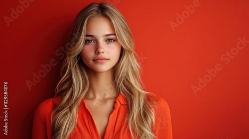 A young woman stands confidently in front of a striking orange wall. Her long hair cascades gently over her shoulders, and she wears a stylish orange top that complements the background.