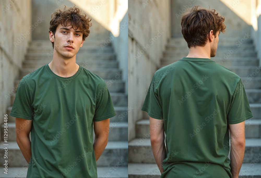 Front and back view male young man Green t-shirt mockup model outdoor photo shot in front of a concrete wall and staircase. Front and back view male young man Green t-shirt mockup model outdoor photo shot in front of a concrete wall and staircase.