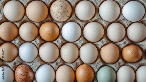 Variety of eggs displayed in an egg carton arranged by color and size photo