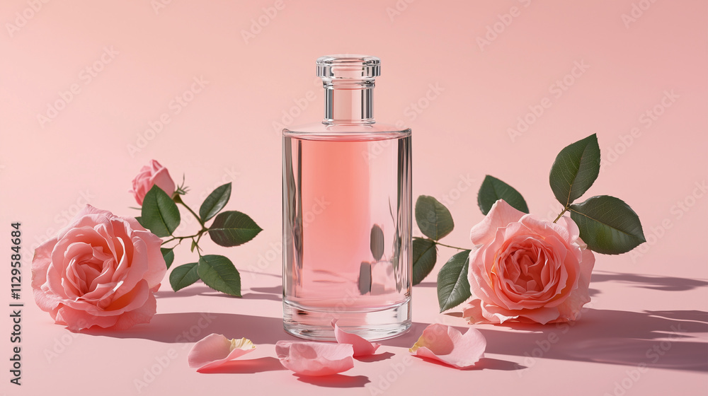 A modern glass bottle filled with light pink rose water drink, surrounded by delicate rose petals A modern glass bottle filled with light pink rose water drink, surrounded by delicate rose petals