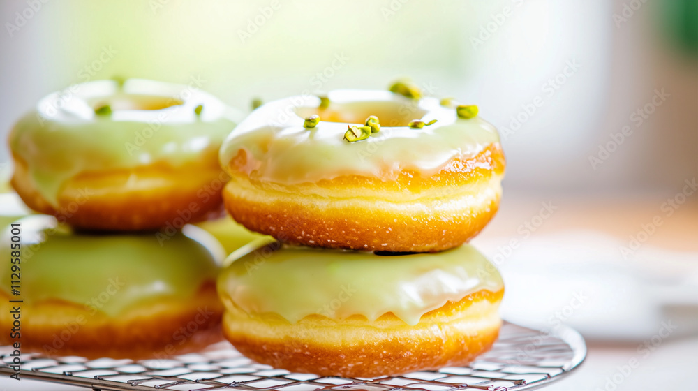 Glazed pistachio doughnuts with a glossy finish Glazed pistachio doughnuts with a glossy finish