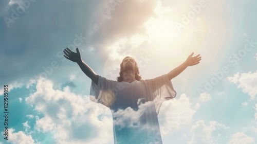 Love and faith and salvation concept of Jesus Christ reaching out with open arms in the sky and the resurrected Jesus Christ photo