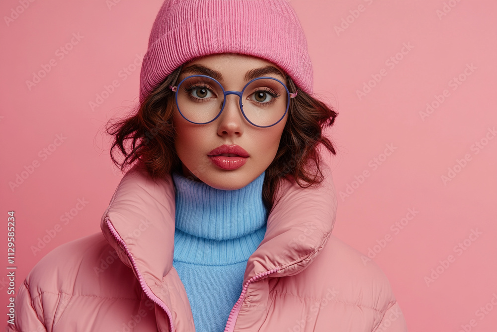 Stylish woman in cozy attire against pink backdrop Stylish woman in cozy attire against pink backdrop
