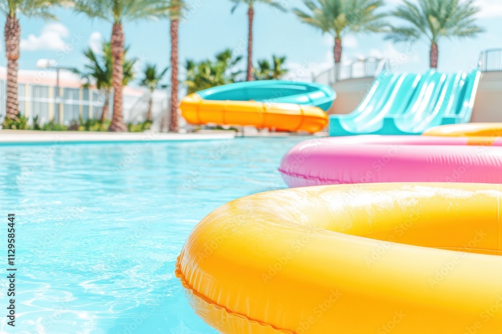 Obraz premium Experience summer fun at a lively water park with vibrant slides and playful inflatables by a refreshing pool