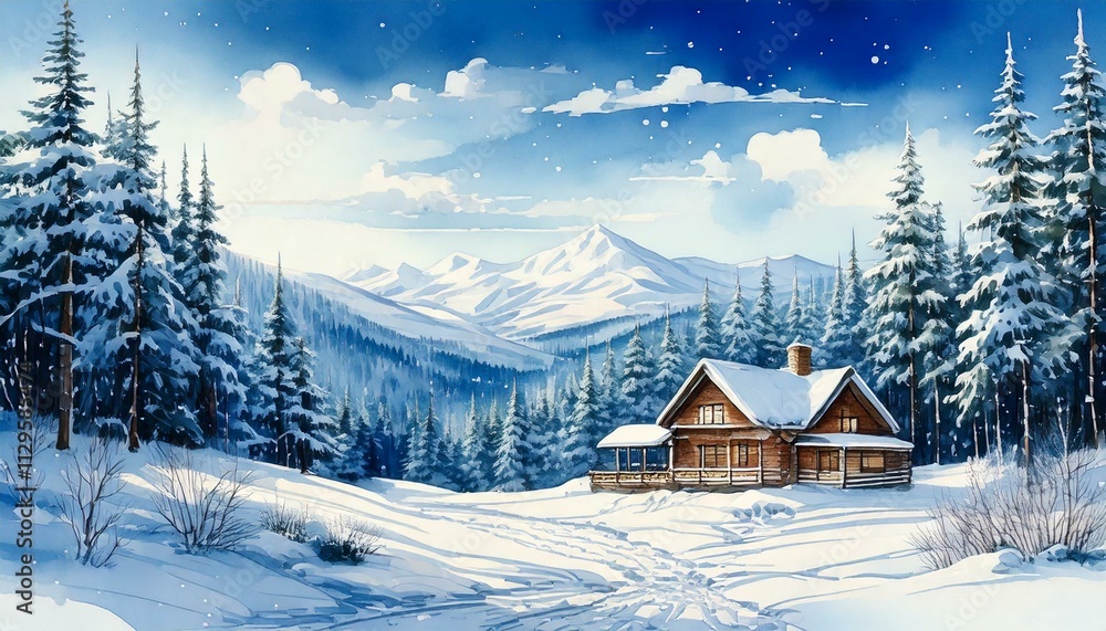 Christmas card, illustration with a winter forest landscape and a wooden cottage covered with snow Christmas card, illustration with a winter forest landscape and a wooden cottage covered with snow