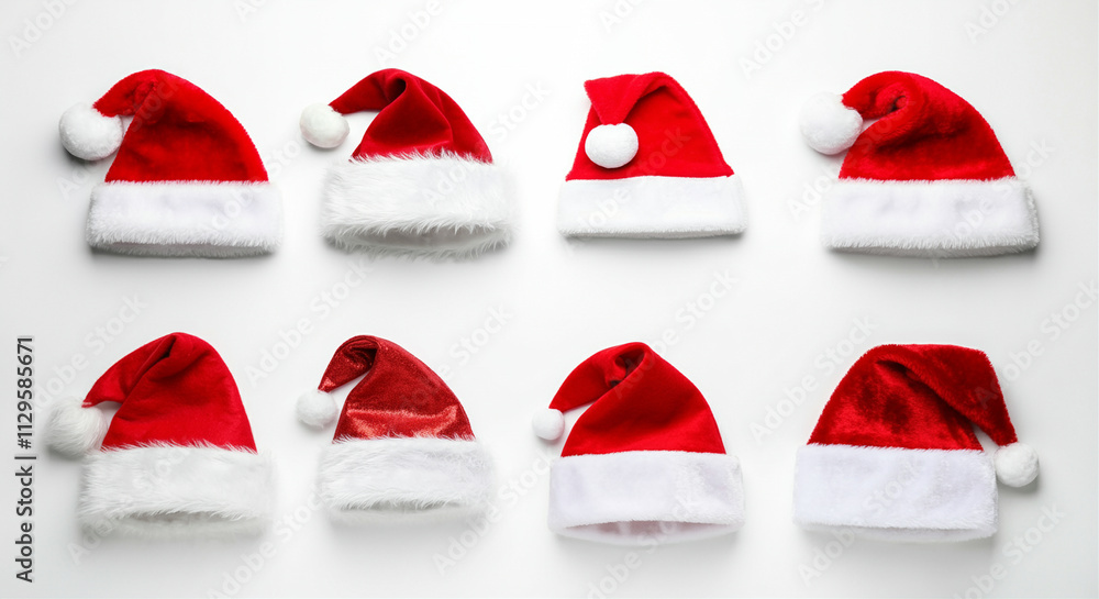 Santa hats and Christmas hats laid out in various styles for holiday celebrations and festive accessories Santa hats and Christmas hats laid out in various styles for holiday celebrations and festive accessories