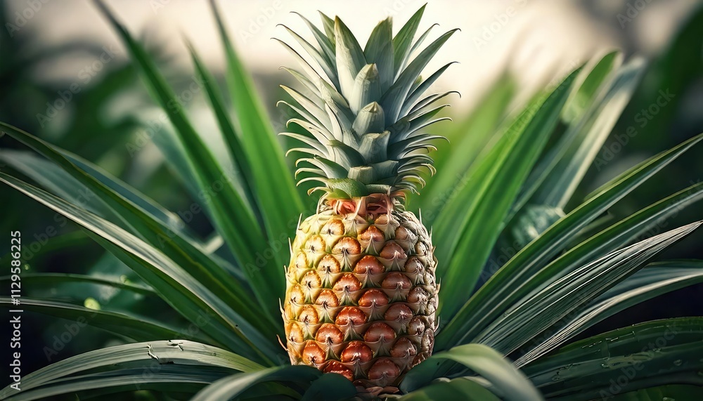 An AI-generated ripe pineapple sits on green, lush leaves in nature setting High quality pho An AI-generated ripe pineapple sits on green, lush leaves in nature setting High quality pho