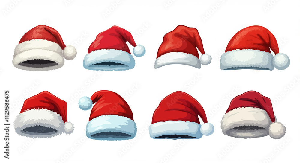 Santa hats collection with festive Christmas accessories in colorful styles Santa hats collection with festive Christmas accessories in colorful styles