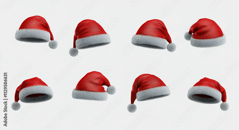 Santa hats collection with Christmas accessories in vibrant red and white colors Santa hats collection with Christmas accessories in vibrant red and white colors