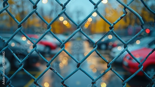 Blurred city parking lot seen through chain link fence.