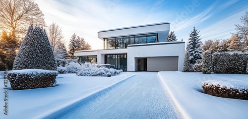A luxurious modern villa with a snow-covered driveway, pristine garden, and minimalistic architecture accentuated by the winter scenery