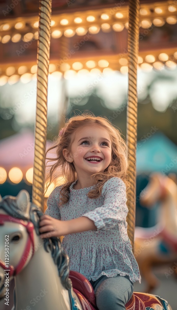 Obraz premium Joyful Little Girl on Pastel Carousel