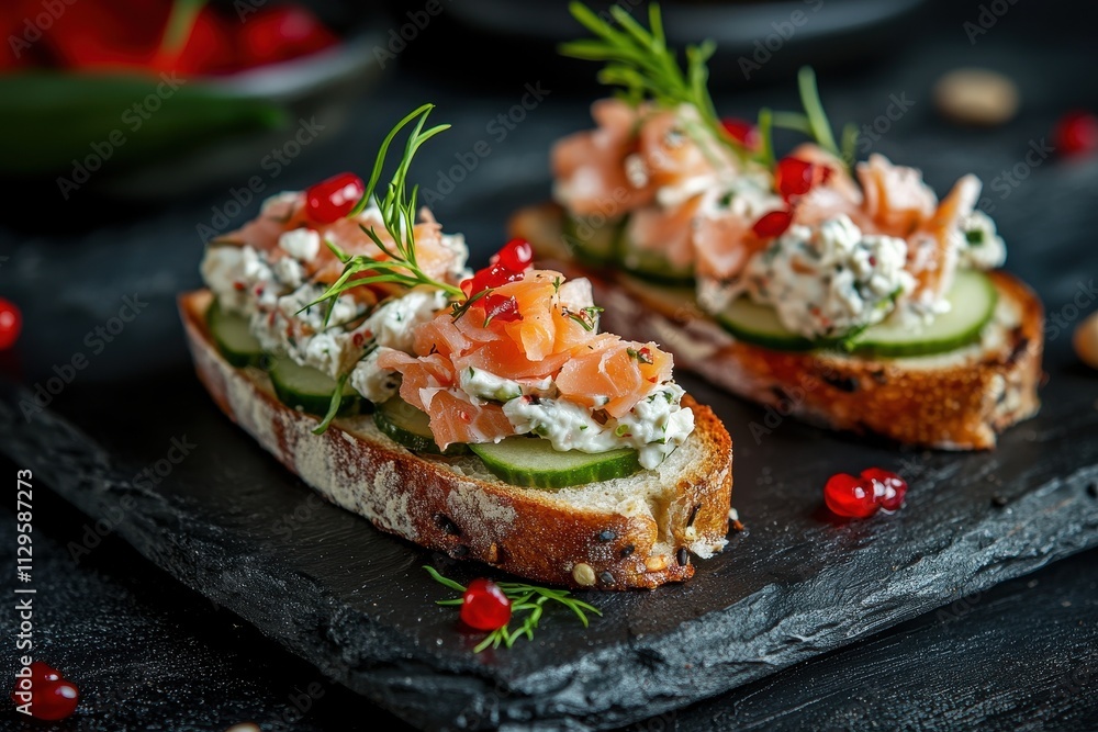 Cream cheese salmon and cucumber on open bread Cream cheese salmon and cucumber on open bread