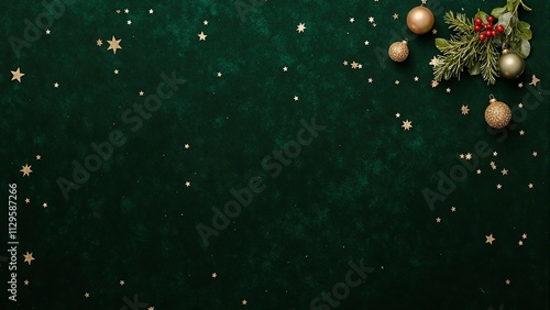 Luxurious holiday still life with green velvet golden stars and holly sprig