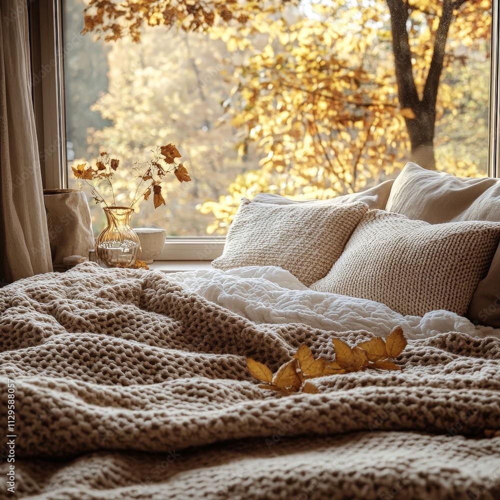Cozy bedroom with autumn leaves outside window Cozy bedroom with autumn leaves outside window