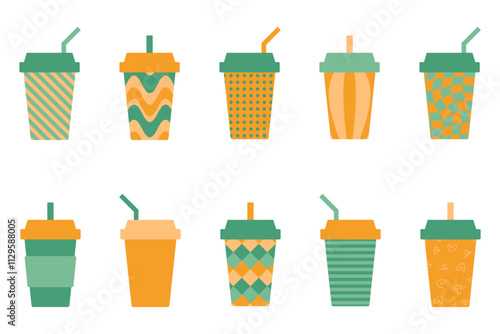 Disposable takeaway cup with straw clipart collection. Hand drawn vector mug set. Simple flat illustration isolated on white background.