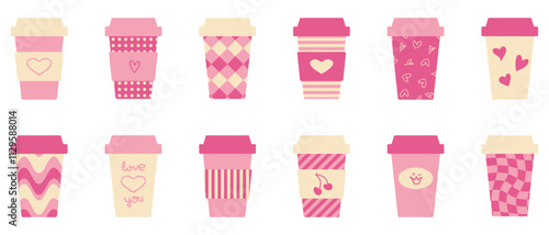 Valentines day clipart collection of paper coffee cups with hearts decoration. Hand drawn isolated vector mug set.
