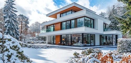 A luxury modern villa in a snowy winter scene, featuring sharp lines, expansive windows, and a tranquil snowy garden
