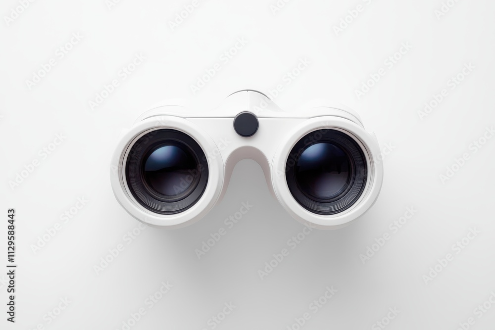 Minimalistic white binoculars with large round lenses, isolated on white background Minimalistic white binoculars with large round lenses, isolated on white background