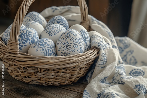 Hand-painted Czech eggs with blue folkloric designs in a wicker basket